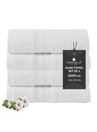 Donetella Premium 100 % Combed Cotton 4-Pcs Hand Towel Set (50 X 90 CM) 600 GSM Super Soft Hand Towel, Highly Absorbent, Quick Dry,Best Towel for Bathroom, Spa And Hotel,White