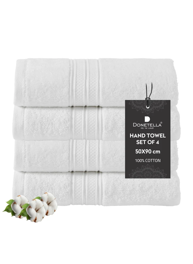 Donetella Premium 100 % Combed Cotton 4-Pcs Hand Towel Set (50 X 90 CM) 600 GSM Super Soft Hand Towel, Highly Absorbent, Quick Dry,Best Towel for Bathroom, Spa And Hotel,White