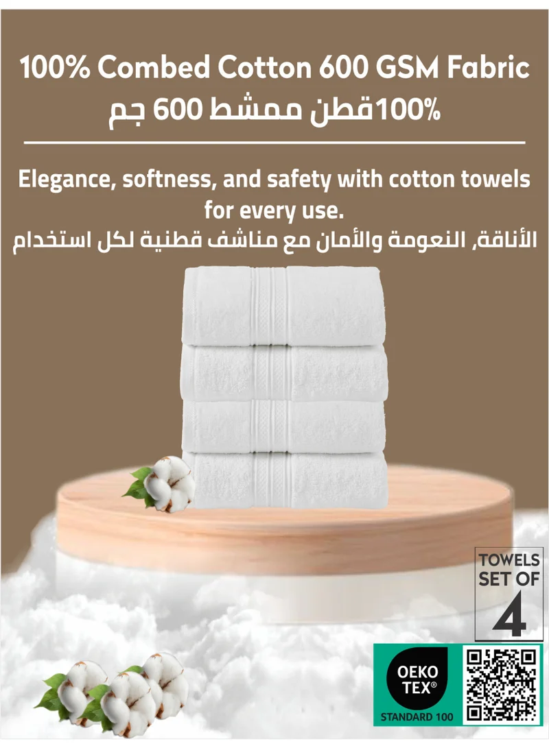 Donetella white Premium 100 % Combed Cotton 4-Pcs Hand Towel Set (50 X 90 CM) 600 GSM Super Soft Hand Towel, Highly Absorbent, Quick Dry,Best Towel for Bathroom, Spa And Hotel,White  | Best Price UAE
