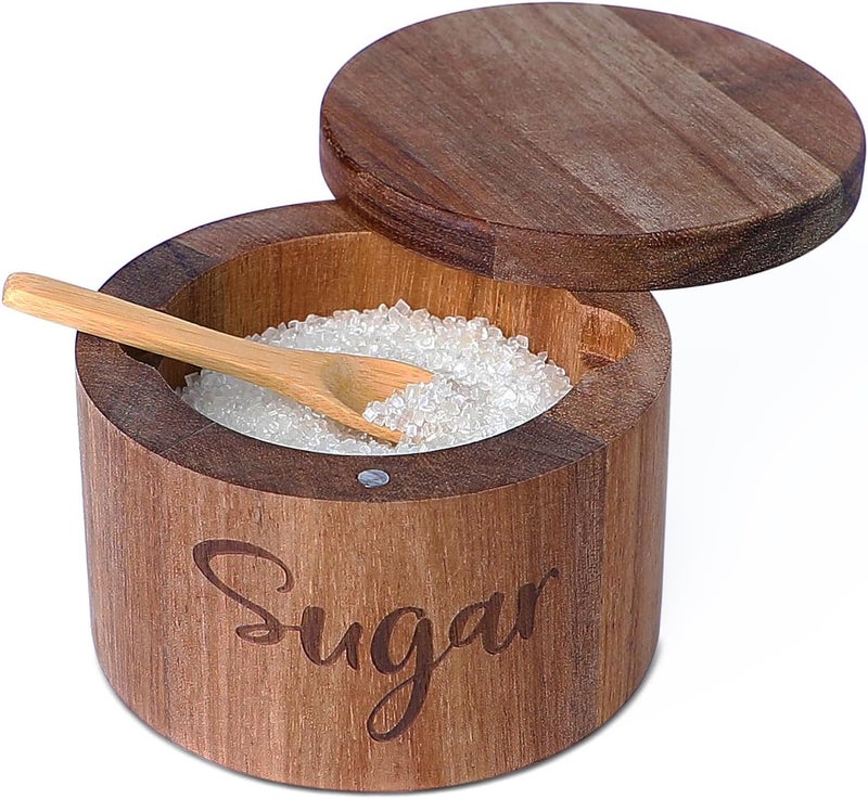LBEMEY Acacia Wood Spice Box with Swivel Cover for Kitchen Countertop,Salt Keeper with Built-in Spoon,Modern Farmhouse Kitchen Decoror for Storing Seasonings (Labeled Sugar) - Image 1