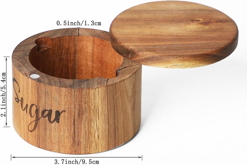 LBEMEY Acacia Wood Spice Box with Swivel Cover for Kitchen Countertop,Salt Keeper with Built-in Spoon,Modern Farmhouse Kitchen Decoror for Storing Seasonings (Labeled Sugar) - Image 4