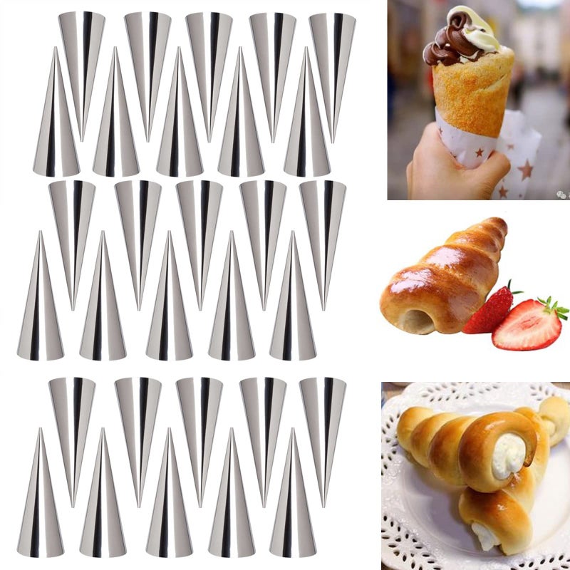 Joyeee 30 Pack Nonstick Large Cream Horn Molds 5 Stainless Steel for DIY Cooking Danish Pastry Lady Lock Form Croissant Roller Ice Cream Egg Roll