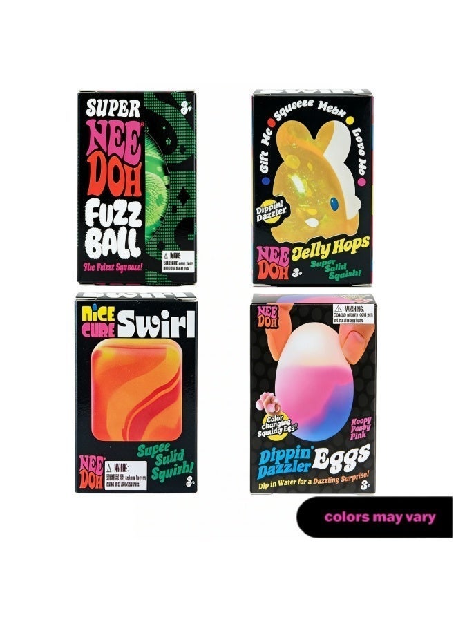 4-Pack Squishy Toy Set | Includes Fuzz Ball, Jelly Hops Bunny, Swirl Cube & Dippin’ Dazzler Egg | Soft TPR Stress Relief Fidget Toys for Kids & Adults