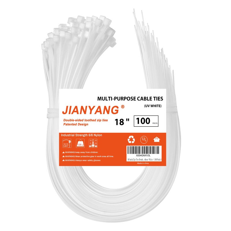 JIANYANG 18 Inch Zip Ties Double Sided Toothed,120 LBS Tensile Strength Heavy Duty Cable Wire Ties With Self-Locking Adjustable More Durable Nylon Tie Wraps for Indoor Outdoor Whiteï¼ˆ100 Packï¼‰ - Image 1