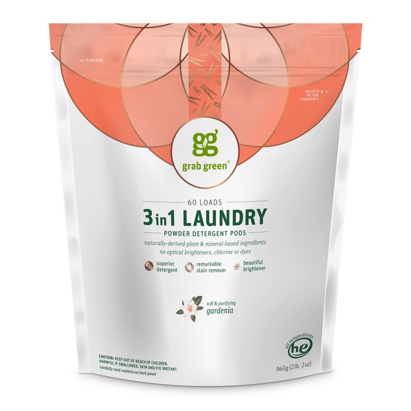 Grab Green 3in1 Laundry Detergent Pods 60 Count Gardenia Scent Plant and Mineral Based Superior Cleaning Power Stain Remover Brightens Clothes