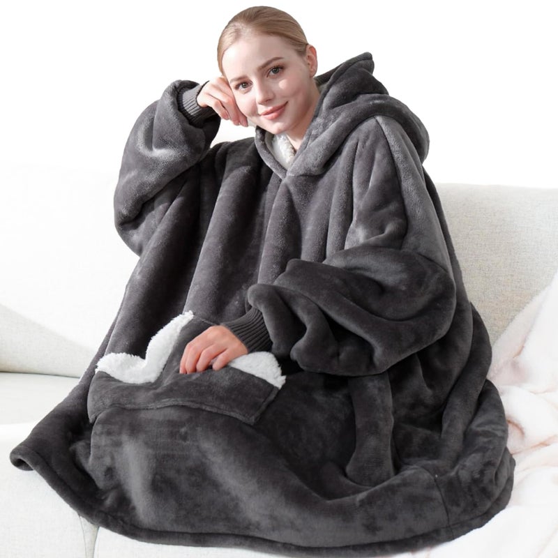 Touchat Wearable Blanket Hoodie Oversized Sherpa Fleece Sweatshirt Blanket with Giant Hood Pocket and Sleeves for Adult Warm  Cozy Grey Blanket Gifts for Women