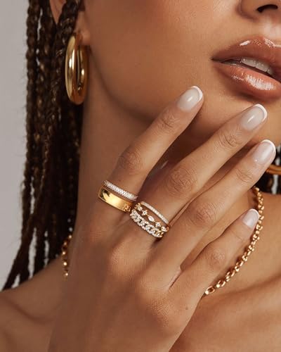 FUNEIA Stackable Gold Rings for Women Non Tarnish Trendy Dainty 14K Gold Plated Stacking Cubic Zirconia Thumb Ring Set Pack Statement Chunky Band Rings Promise Engagement Rings Size 7 8 9 10 11 - Image 3