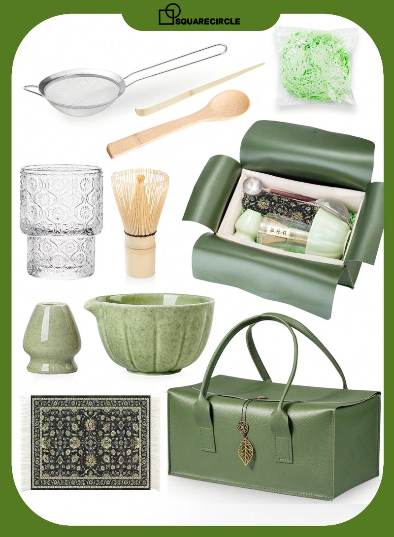 دائرة مربعة مجموعة ماتشا يابانية مكونة من 8 قطع، وعاء ماتشا سيراميكي + حامل خفاقة + خفاقة من الخيزران + ملعقة، لحفل الشاي التقليدي - مجموعة ماتشا مثالية مصنوعة يدويًا من السيراميك الخشن لتحضير شاي ماتشا التقليدي، مجموعة هدايا ماتشا طبيعية 100% (أخضر) - Image 1