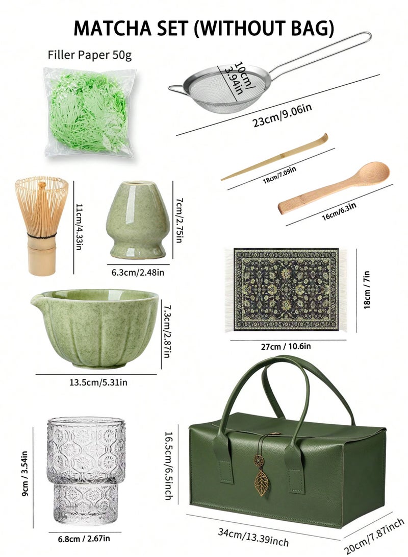 دائرة مربعة مجموعة ماتشا يابانية مكونة من 8 قطع، وعاء ماتشا سيراميكي + حامل خفاقة + خفاقة من الخيزران + ملعقة، لحفل الشاي التقليدي - مجموعة ماتشا مثالية مصنوعة يدويًا من السيراميك الخشن لتحضير شاي ماتشا التقليدي، مجموعة هدايا ماتشا طبيعية 100% (أخضر) - Image 2