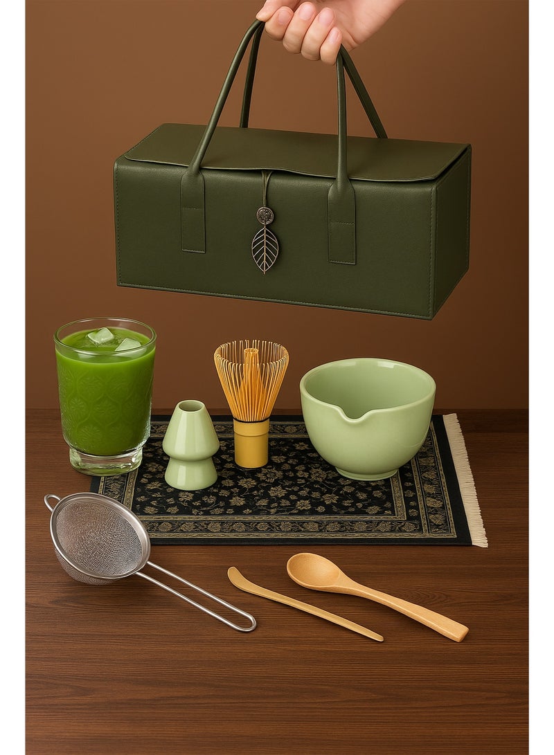 دائرة مربعة مجموعة ماتشا يابانية مكونة من 8 قطع، وعاء ماتشا سيراميكي + حامل خفاقة + خفاقة من الخيزران + ملعقة، لحفل الشاي التقليدي - مجموعة ماتشا مثالية مصنوعة يدويًا من السيراميك الخشن لتحضير شاي ماتشا التقليدي، مجموعة هدايا ماتشا طبيعية 100% (أخضر) - Image 5