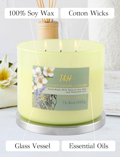 T H Eucalyptus Jasmine Lavender 3-Wick Soy Candle, 15.8 oz | Highly Scented Woodsy Lavender Candle | Aromatherapy Stress Relief Candles for Home | Clean-Burn | for Men & Women - Image 5
