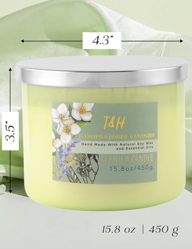 T H Eucalyptus Jasmine Lavender 3-Wick Soy Candle, 15.8 oz | Highly Scented Woodsy Lavender Candle | Aromatherapy Stress Relief Candles for Home | Clean-Burn | for Men & Women - Image 4