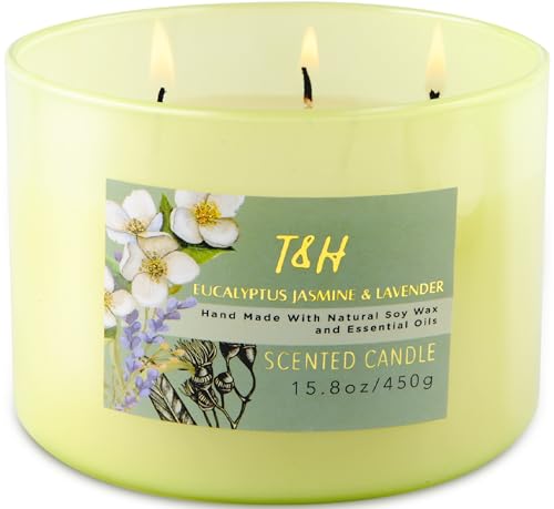 T H Eucalyptus Jasmine Lavender 3-Wick Soy Candle, 15.8 oz | Highly Scented Woodsy Lavender Candle | Aromatherapy Stress Relief Candles for Home | Clean-Burn | for Men & Women - Image 1