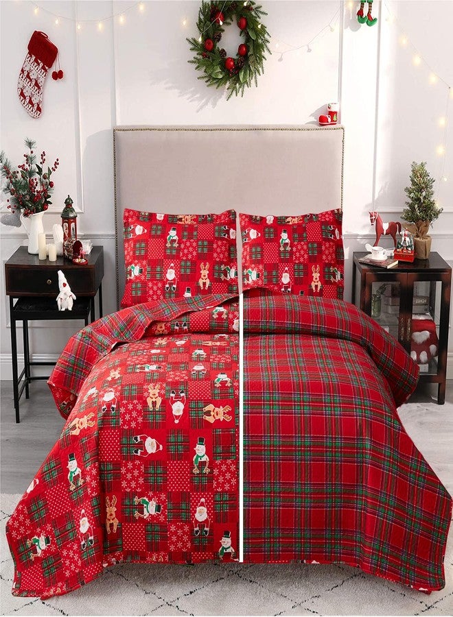 Belista Red Plaid Merry Christmas Quilt Set with Gift Box, Reversible Patchwork Snowflake Dots Printed Christmas Bedding Sets, Snowmen Santa Claus Reindeer Xmas Holiday Bedspread Coverlet (Multi,Queen) - Image 1