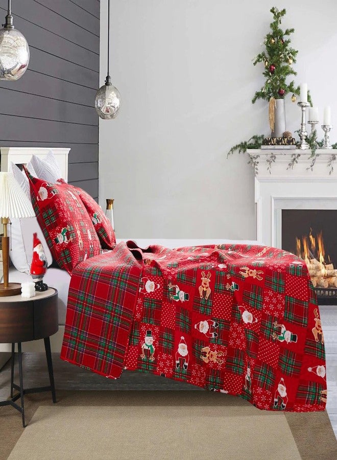 Belista Red Plaid Merry Christmas Quilt Set with Gift Box, Reversible Patchwork Snowflake Dots Printed Christmas Bedding Sets, Snowmen Santa Claus Reindeer Xmas Holiday Bedspread Coverlet (Multi,Queen) - Image 3