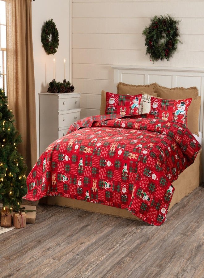 Belista Red Plaid Merry Christmas Quilt Set with Gift Box, Reversible Patchwork Snowflake Dots Printed Christmas Bedding Sets, Snowmen Santa Claus Reindeer Xmas Holiday Bedspread Coverlet (Multi,Queen) - Image 2