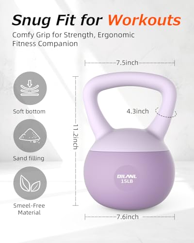 DILANL Soft Kettlebell, Safe Strength Training Kettle bell, Cushioned Impact-Resistant Base and Anti-Slip Grip Weight, Kettlebells Set for Home Workouts and Men/Women/ Beginners,With Non-slip Gloves (Purple, 15 LB) - Image 5