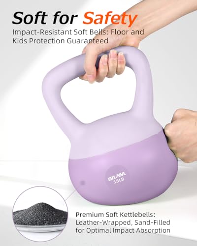 DILANL Soft Kettlebell, Safe Strength Training Kettle bell, Cushioned Impact-Resistant Base and Anti-Slip Grip Weight, Kettlebells Set for Home Workouts and Men/Women/ Beginners,With Non-slip Gloves (Purple, 15 LB) - Image 2