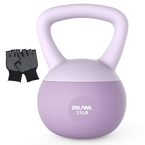 DILANL Soft Kettlebell, Safe Strength Training Kettle bell, Cushioned Impact-Resistant Base and Anti-Slip Grip Weight, Kettlebells Set for Home Workouts and Men/Women/ Beginners,With Non-slip Gloves (Purple, 15 LB) - Image 1