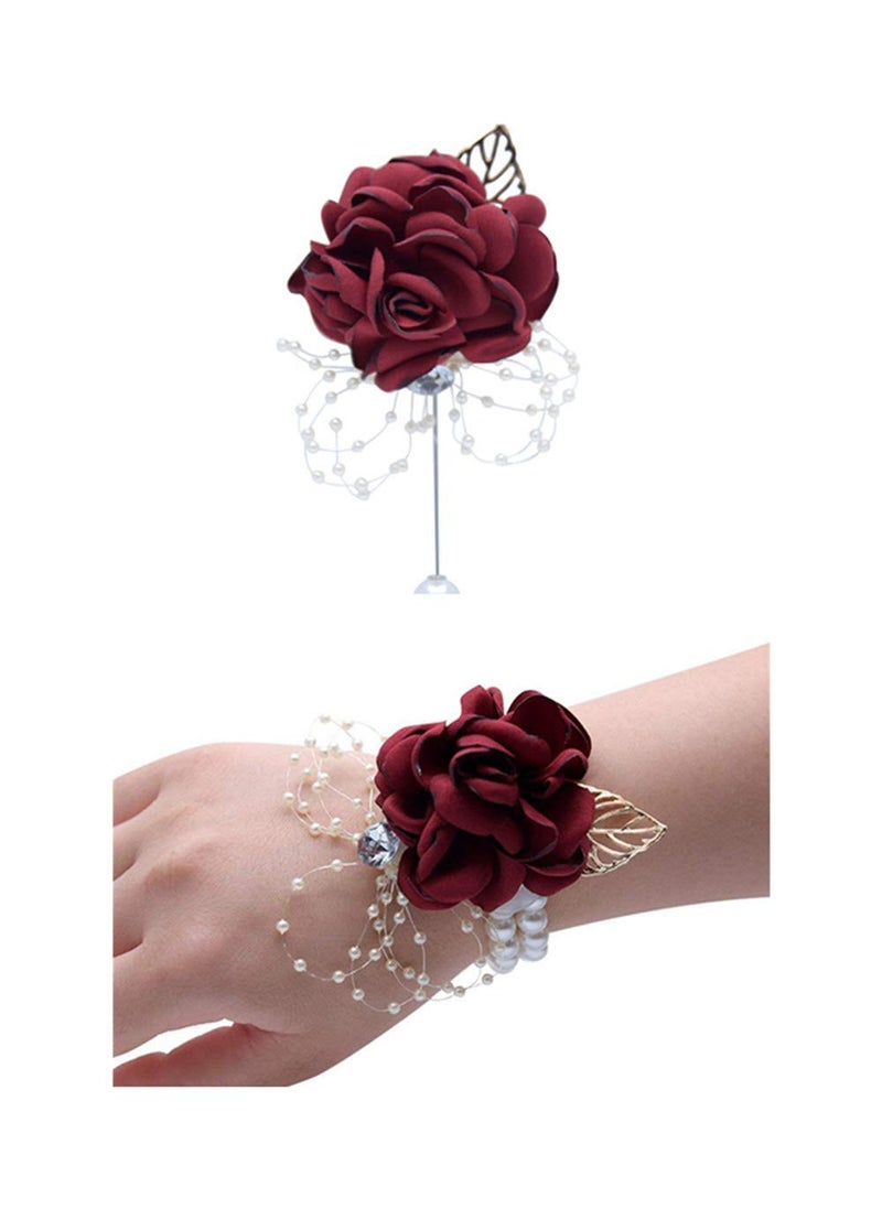 Flonding Rose Wedding Wrist Corsage and Boutonniere Set Party Prom Hand Ribbon Flower Suit Decor (Wine Red) - Image 1