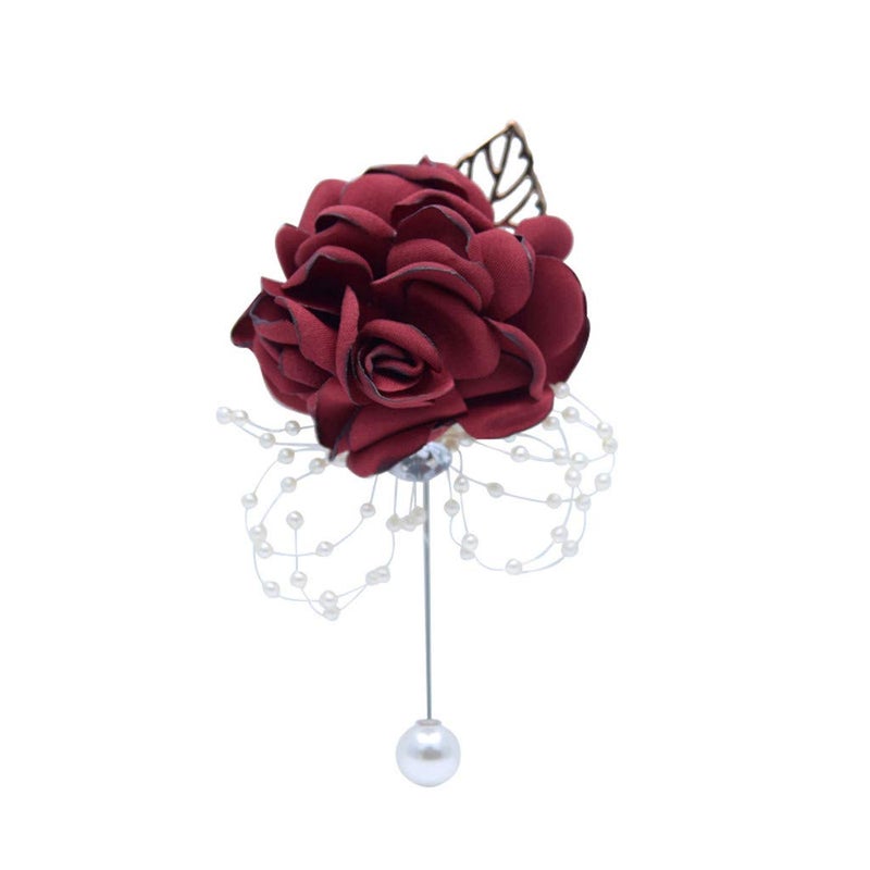 Flonding Rose Wedding Wrist Corsage and Boutonniere Set Party Prom Hand Ribbon Flower Suit Decor (Wine Red) - Image 2