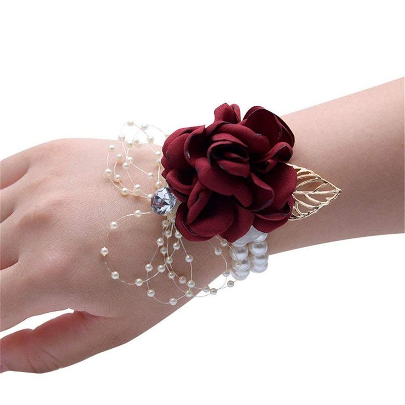 Flonding Rose Wedding Wrist Corsage and Boutonniere Set Party Prom Hand Ribbon Flower Suit Decor (Wine Red) - Image 3
