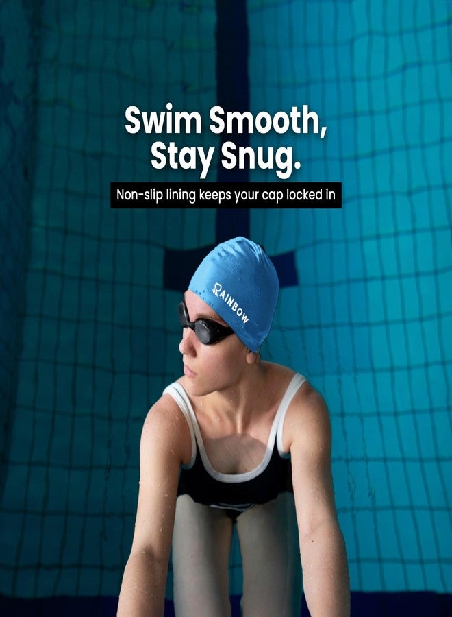 Rainbow Silicone Swimming Cap for Men, Women & Kids | Stretchable Swim Cap for Long & Short Hair | Durable, Waterproof & Comfortable Fit - Blue - Image 3