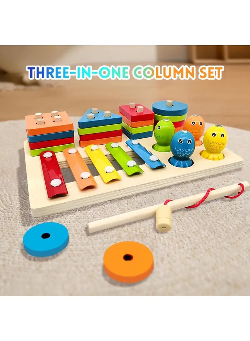 Arabest 3in 1 Wooden Sorting Stacking Toy - Geometric Blocks's Color And Shape Recognition Match, Fishing, Xylophone. Motor Skills Puzzle Board Game for Youngsters  - Image 1