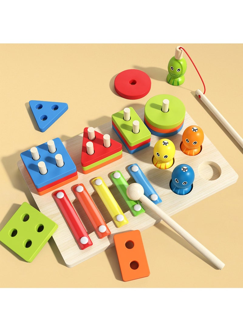 Arabest 3in 1 Wooden Sorting Stacking Toy - Geometric Blocks's Color And Shape Recognition Match, Fishing, Xylophone. Motor Skills Puzzle Board Game for Youngsters  - Image 3