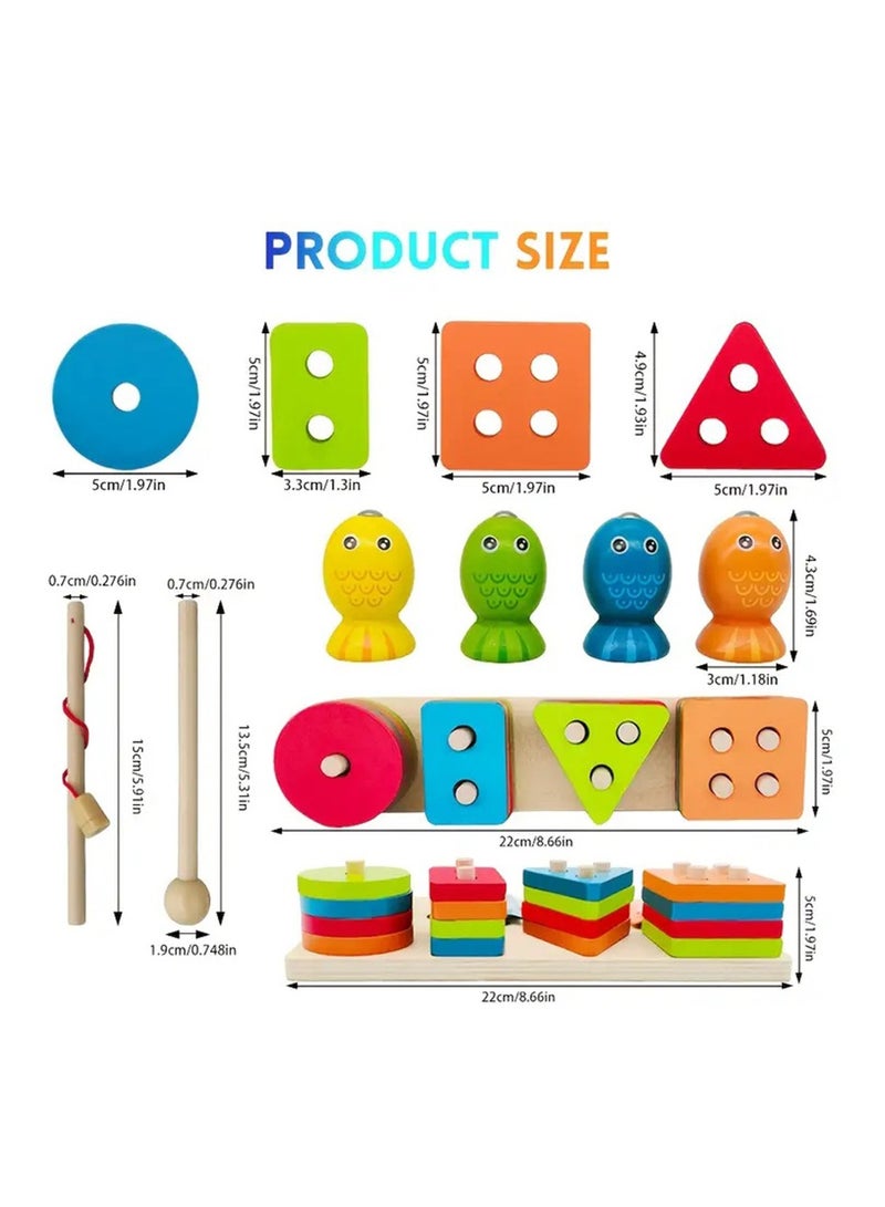 Arabest 3in 1 Wooden Sorting Stacking Toy - Geometric Blocks's Color And Shape Recognition Match, Fishing, Xylophone. Motor Skills Puzzle Board Game for Youngsters  - Image 4