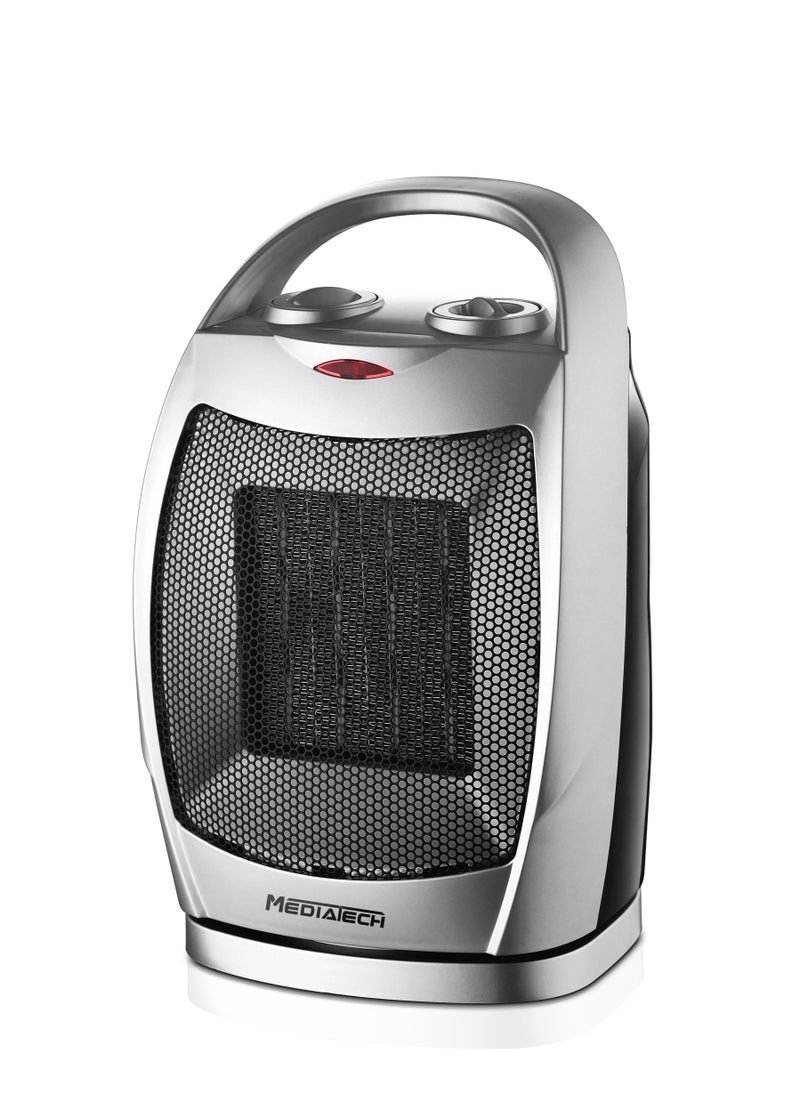 Mediatech Electric Ceramic Heater,1500W, Thermostat, Movable base , safety lock, MT-CH003- Silver  - Image 1