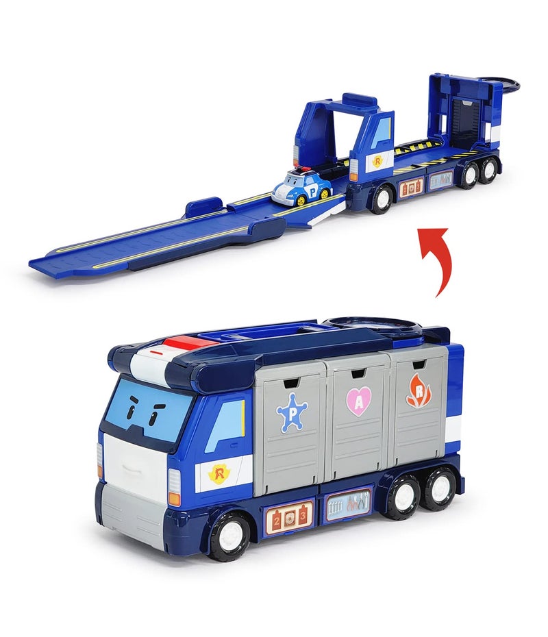 Robocar Poli ألعاب روبوكار بولي، المقر المتنقل، شاحنة HQ للشرطة تتحول 3 في 1 مع قاذفات المركبات و 1 سيارة بولي مصنوعة من المعدن، ألعاب للأطفال من سن 3 سنوات وما فوق - Image 1