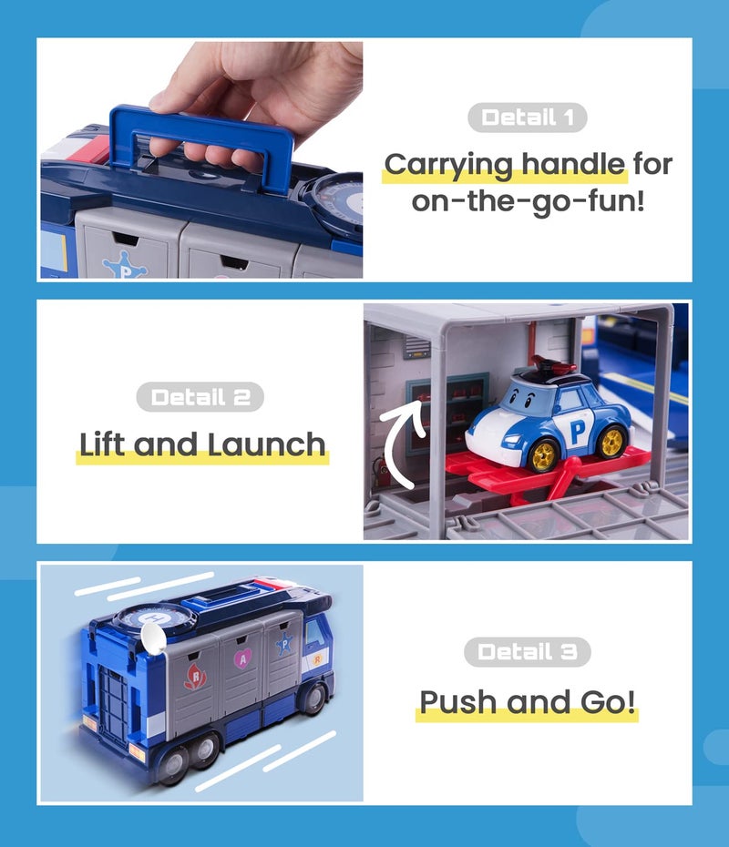 Robocar Poli ألعاب روبوكار بولي، المقر المتنقل، شاحنة HQ للشرطة تتحول 3 في 1 مع قاذفات المركبات و 1 سيارة بولي مصنوعة من المعدن، ألعاب للأطفال من سن 3 سنوات وما فوق - Image 5