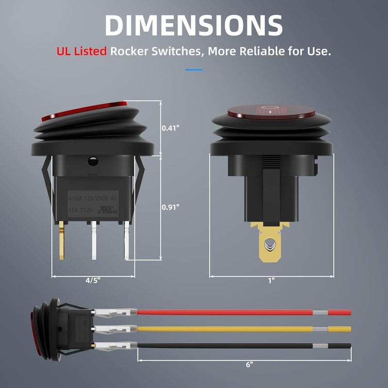 DAIERTEK Rocker Switch 12V 20A Waterproof Marine Round Rocker Switch Red LED Lighted [UL Listed] ON Off Toggle Switch 3 Pin SPST for Car Truck RV Boat -5pcs - Image 2
