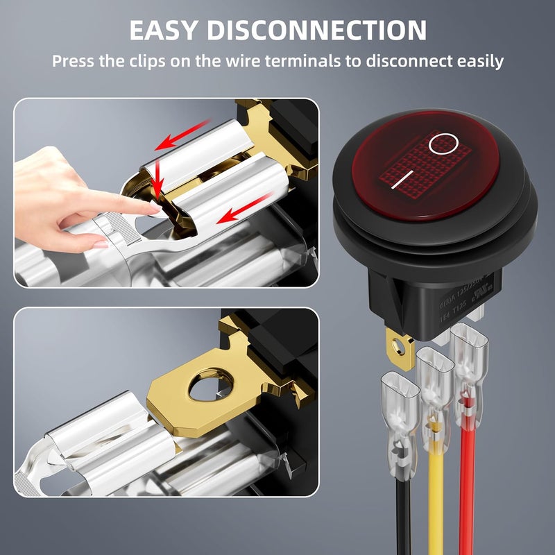 DAIERTEK Rocker Switch 12V 20A Waterproof Marine Round Rocker Switch Red LED Lighted [UL Listed] ON Off Toggle Switch 3 Pin SPST for Car Truck RV Boat -5pcs - Image 4