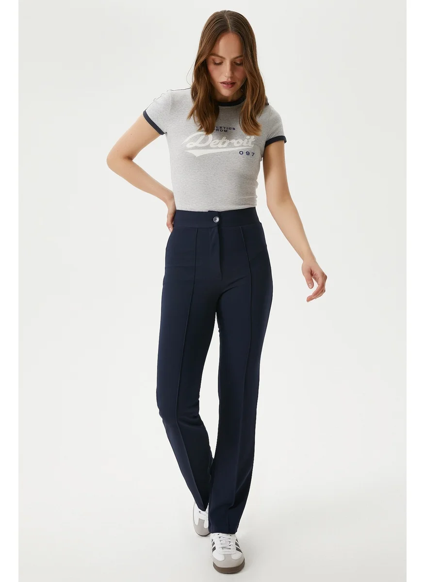Ritnice Women's Straight Lycra Navy Blue Trousers