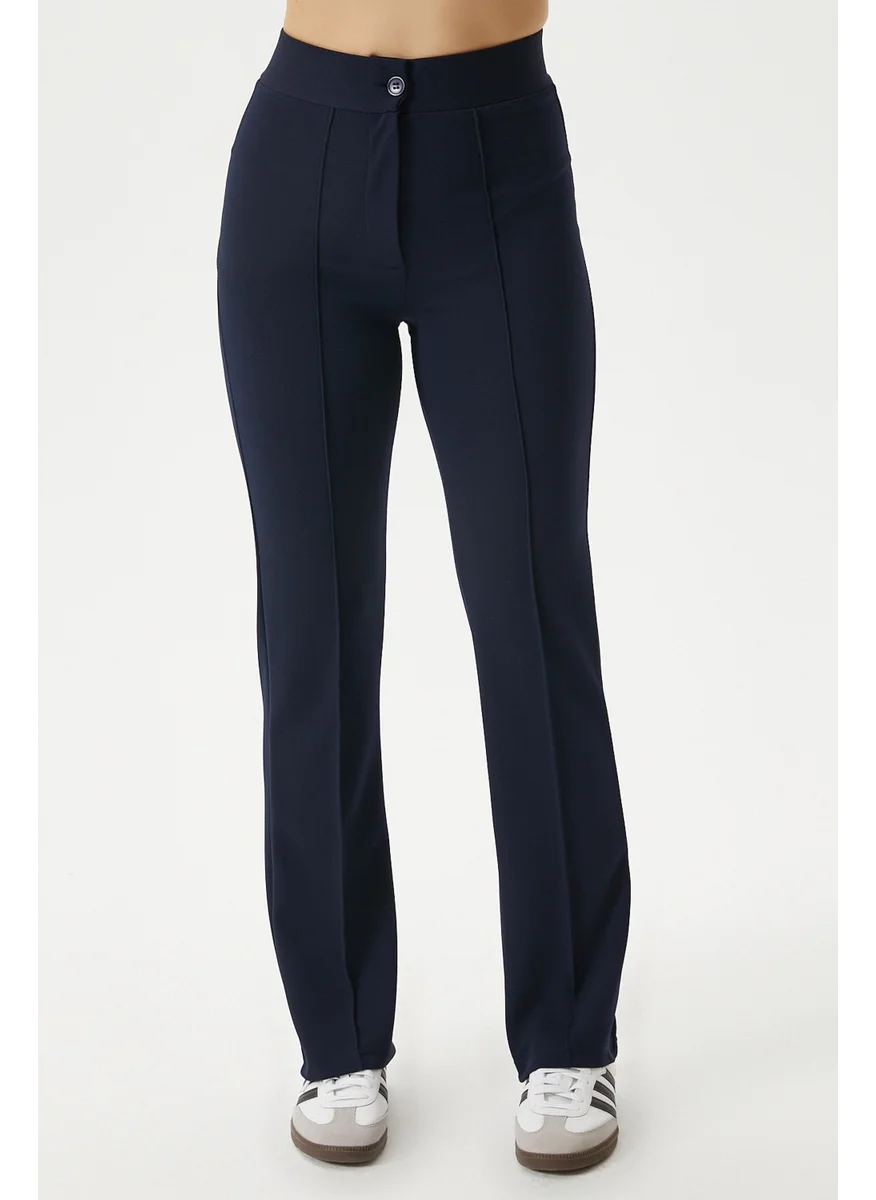 Ritnice Women's Straight Lycra Navy Blue Trousers