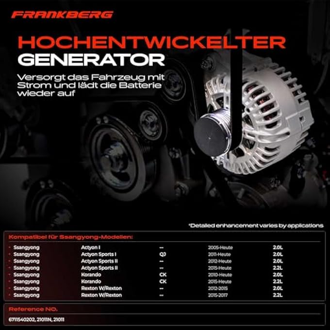 Frankberg Alternator with Overrunning Pulley 2-Pin Compatible with Actyon I 2005-2024 Korando CK 2010-2024 Rexton W/Rexton 2012-2017 Replace# 6711540202 - Image 3