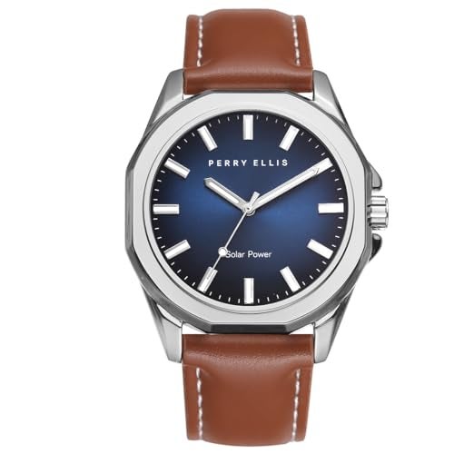 Perry Ellis Solar Powered Mens Watch Vegan Leather WaterResistant Analog Wrist Watches for Men 42mm Case Relojes para Hombres Elegant Gift for Man Silver - Image 1