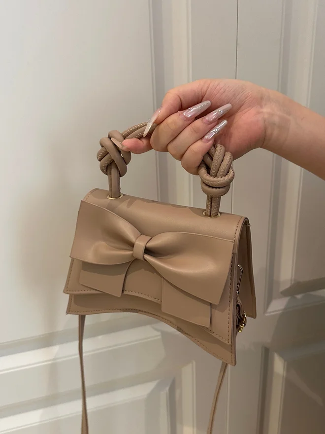 Take Two Tan Bow Handbag with Adjustable Strap