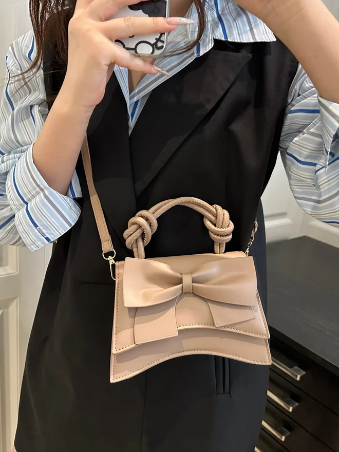 Take Two Tan Bow Handbag with Adjustable Strap