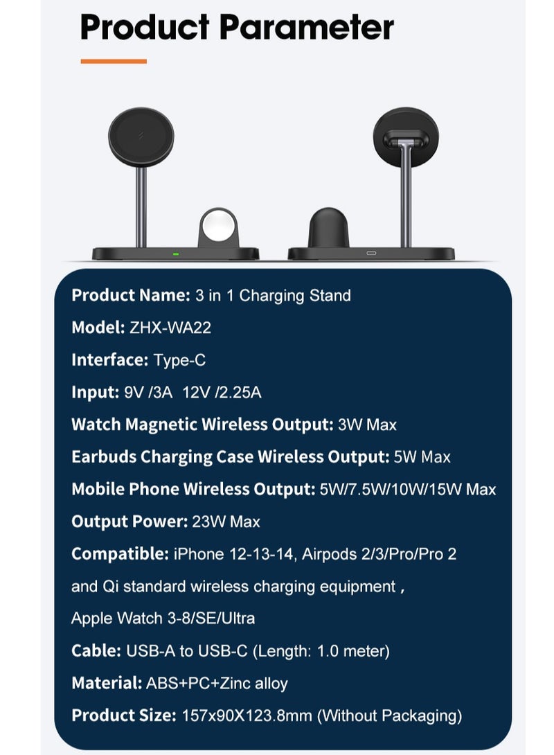 GULFLINK 3 in 1 Magnetic Desktop Wireless Charger Stand for iPhone 14 13 12 Apple Watch All Series Earbuds Case White  - Image 5