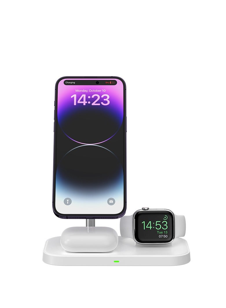 GULFLINK 3 in 1 Magnetic Desktop Wireless Charger Stand for iPhone 14 13 12 Apple Watch All Series Earbuds Case White  - Image 1