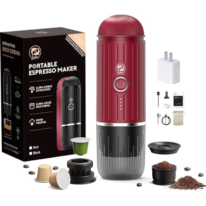 i cafilas Portable Coffee Maker Travel Espresso Machine 120W 19 Bar Pressure 7500Mah Rechargeable Battery Version BaristaQuality Coffee On The Go Portable Espresso Maker Red - Image 2
