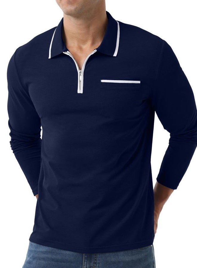 Askdeer Men's Polo Shirts Zip Long Sleeve Classic T-Shirts Casual Golf Shirts Stylish Collared Tee, A05 Navy Blue, XL - Image 2