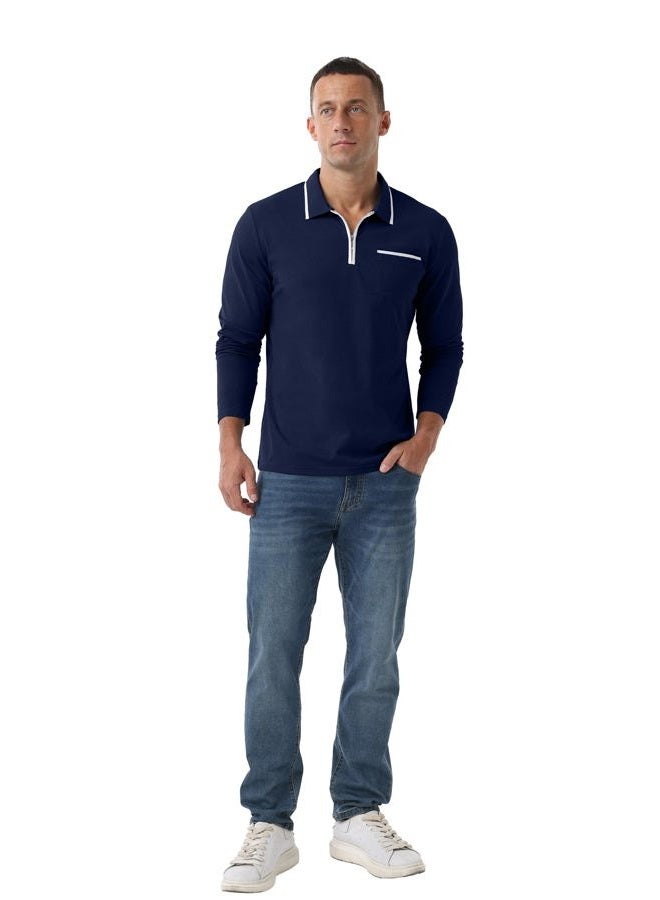 Askdeer Men's Polo Shirts Zip Long Sleeve Classic T-Shirts Casual Golf Shirts Stylish Collared Tee, A05 Navy Blue, XL - Image 4