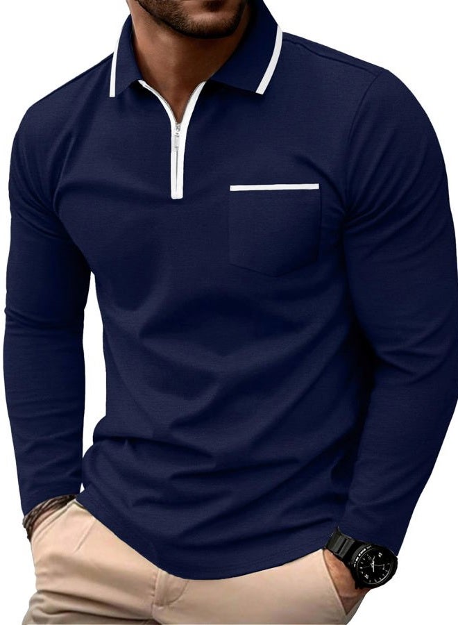 Askdeer Men's Polo Shirts Zip Long Sleeve Classic T-Shirts Casual Golf Shirts Stylish Collared Tee, A05 Navy Blue, XL - Image 1