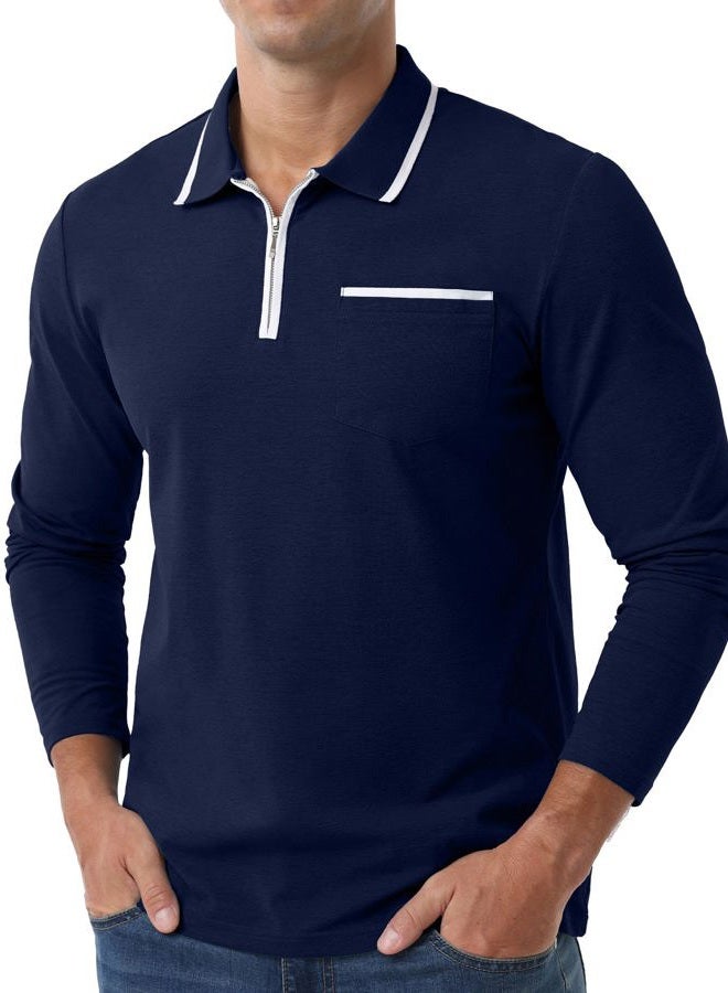 Askdeer Men's Polo Shirts Zip Long Sleeve Classic T-Shirts Casual Golf Shirts Stylish Collared Tee, A05 Navy Blue, XL - Image 3