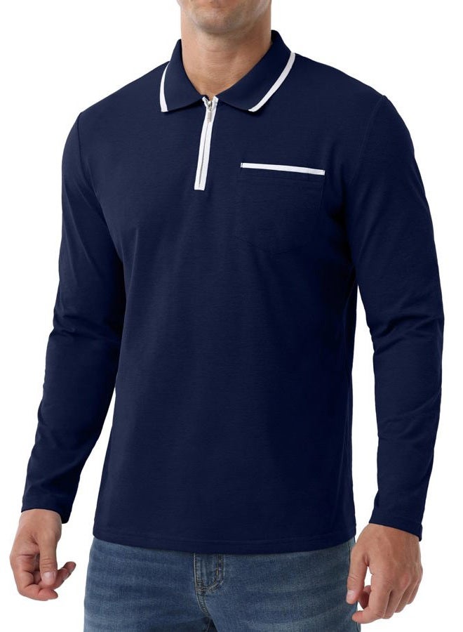 Askdeer Men's Polo Shirts Zip Long Sleeve Classic T-Shirts Casual Golf Shirts Stylish Collared Tee, A05 Navy Blue, XL - Image 5