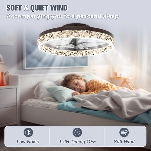 VOLISUN Modern Ceiling Fans with Lights and Remote, 19.7in Low Profile Ceiling Fan Flush Mount, 3000K-6500K Dimmable Bladeless LED Fan Light, Brown Fandelier Ceiling Fans with Lights for Bedroom - Image 4